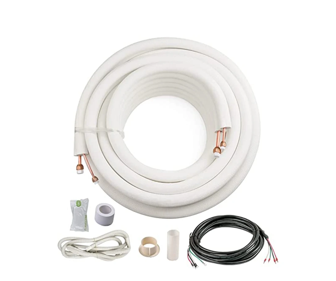 10 ICOOL 25 Ft Mini Split Line Set, 1/4" & 3/8" O.D Twin Copper Pipes, 3/8" Thickened PE Insulated Coil Copper Line for Air Conditioner HVAC Refrigeration and Heating Equipment with Fittings ------------------------------- I COOL قدمًا 25 مجموعة خط الانقسام الصغير ، 1/4 "و 3/8"O.D. أنابيب نحاسية مزدوجة خط نحاسي لفائف معزول بسمك 3/8 " لمكيفات الهواء والتبريد والتدفئة والتهوية وتكييف الهواء مع التجهيزات